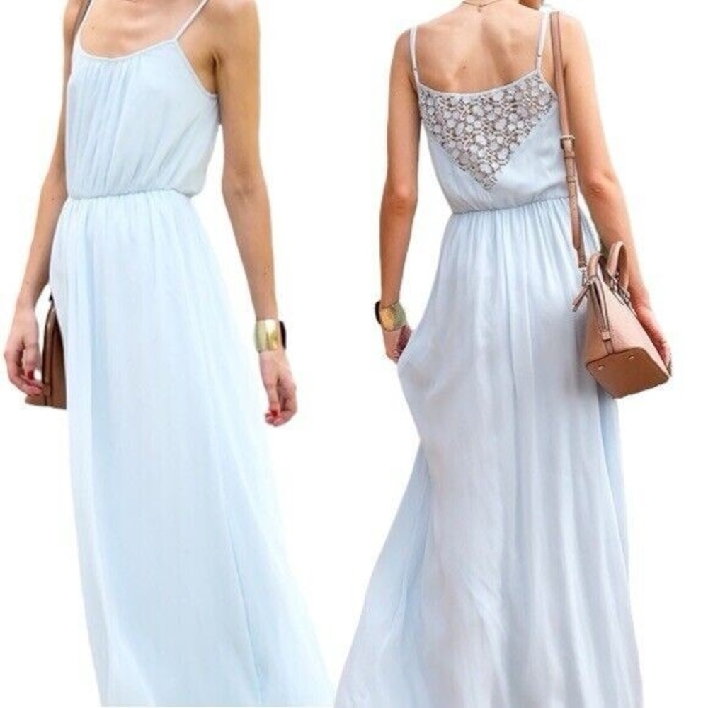 Trafaluc Zara Maxi Empire Dress Size S Light Blue Crochet Back Lined Straps